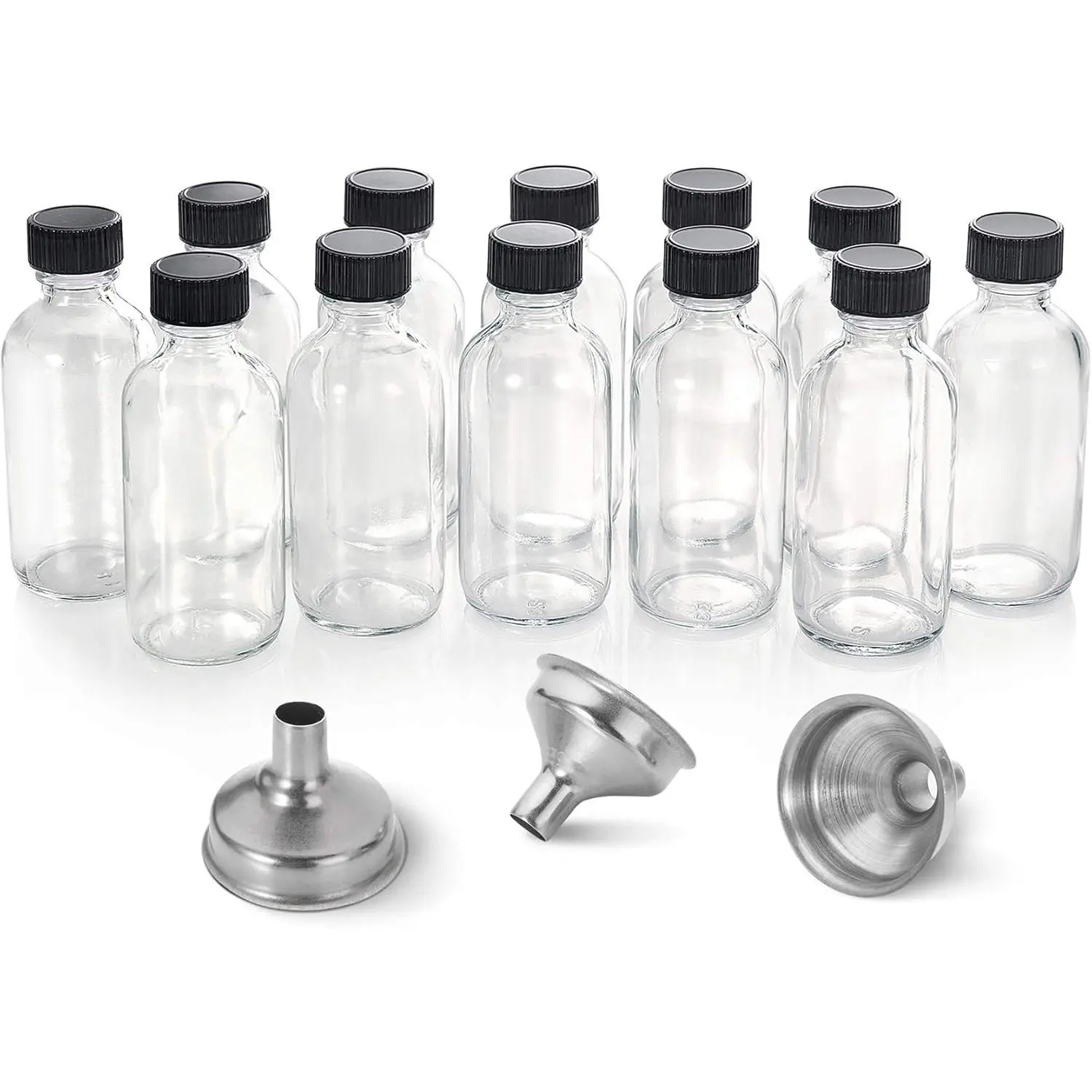 12 Pack, 2 oz Small Clear Glass Bottles w/Lid & 3 Funnels - 60ml Boston Shot Bottles for Health, Immunity, Potion, Wellness, Sample, Ginger, Juice - Mini Personal Care & Beauty Travel Bottle