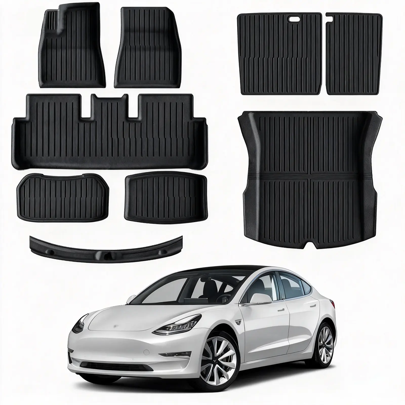 NUNET TPE All Weather Floor Mats Full Set for Tesla Model 3 Highland 2024-2026 | 9PCS Seat Back Liners + Trunk Sill Guard Custom Fit Liners