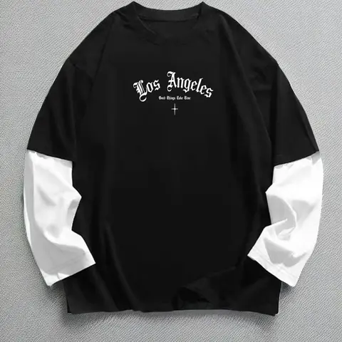 Men's Letter Print 2 in 1 Drop Shoulder Sweatshirt, Regular Fit Casual Sports Style Long Sleeve Round Neck Pullover for Fall & Winter, Casual Sportswear, Casual Athletic Apparel, Men's Clothes for Daily Wear, Athletic Sports Clothing