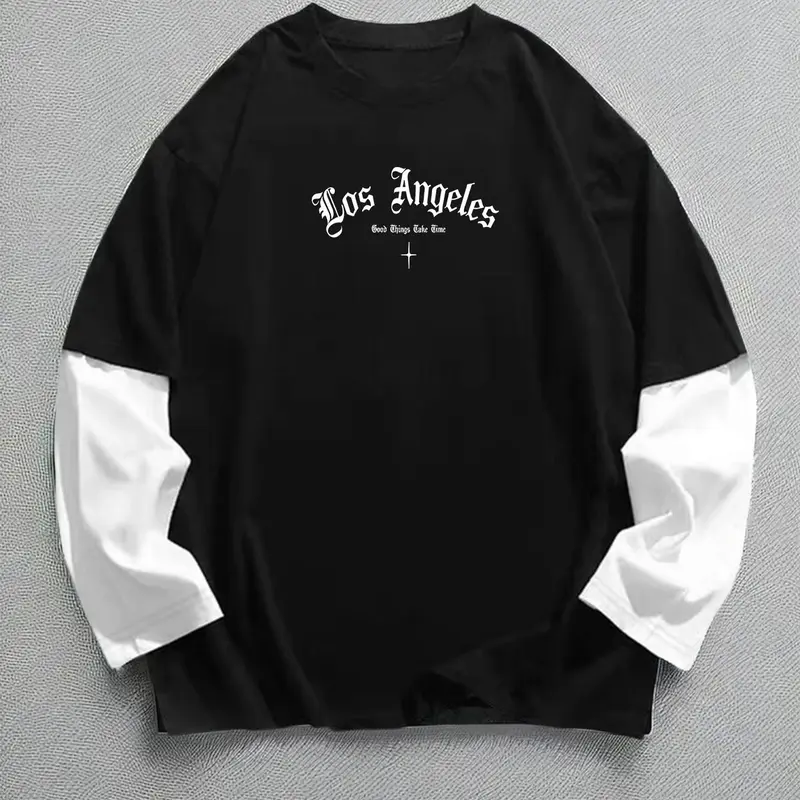 Men's Letter Print 2 in 1 Drop Shoulder Sweatshirt, Regular Fit Casual Sports Style Long Sleeve Round Neck Pullover for Fall & Winter, Casual Sportswear, Casual Athletic Apparel, Men's Clothes for Daily Wear, Athletic Sports Clothing