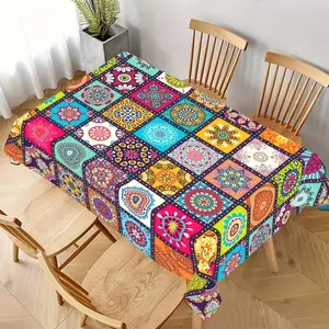 2D Flat Party Tablecloth 1pc, Bohemian Theme Table Runner, Colorful Patchwork Design, Ethnic Festival Decor, Home Kitchen Table Cover