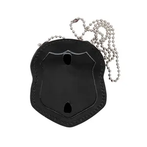 Black Leather Police Badge Holder with Clip for NYPD Style Badges with Neck Chain