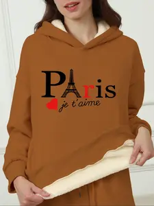 Women's Eiffel Tower & Letter Print Thermal Lined Hoodie, Fashion Casual Long Sleeve Hooded Sweatshirt for Daily Holiday Outdoor Wear, Women Clothing for Fall & Winter