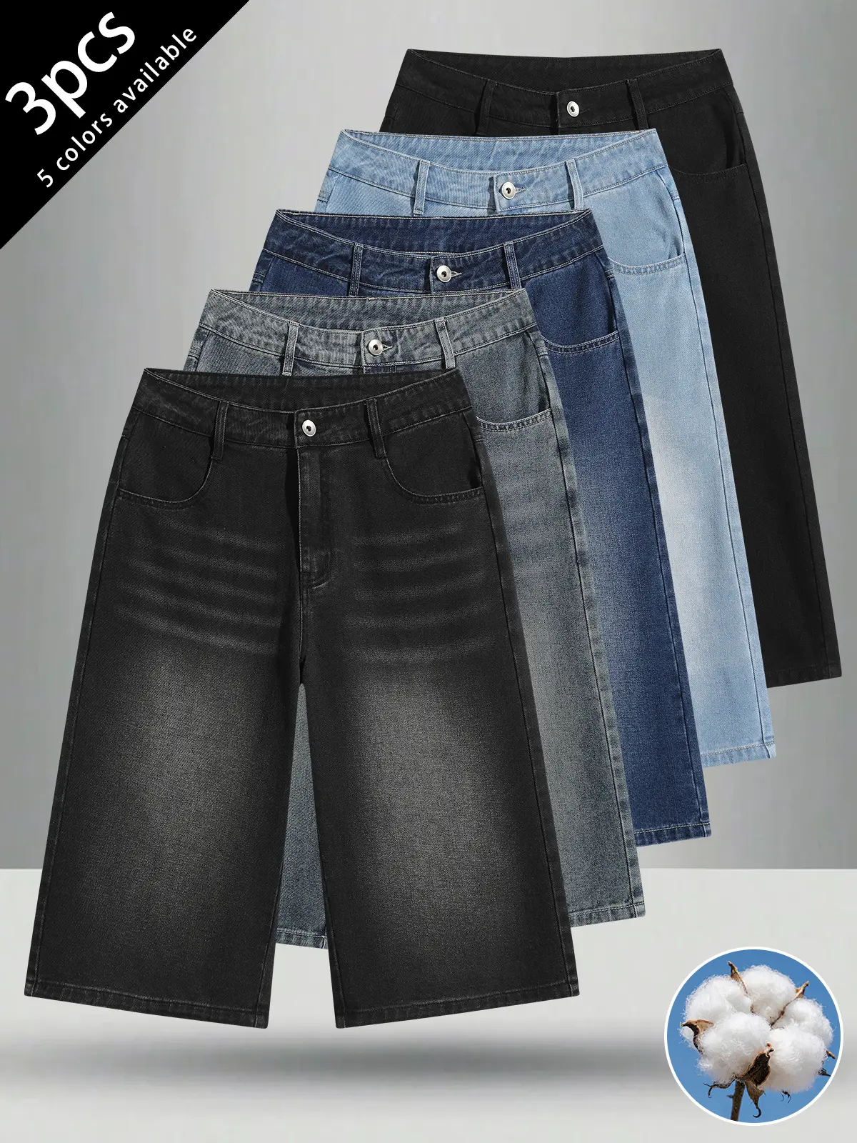 3-pack men’s shorts: cotton shorts, mid-thigh shorts, and loose cotton denim shorts.Button design at the front; loose straight cut that flatters the figure and is versatile—suits all body types.Available in multiple colors; versatile and matches any style