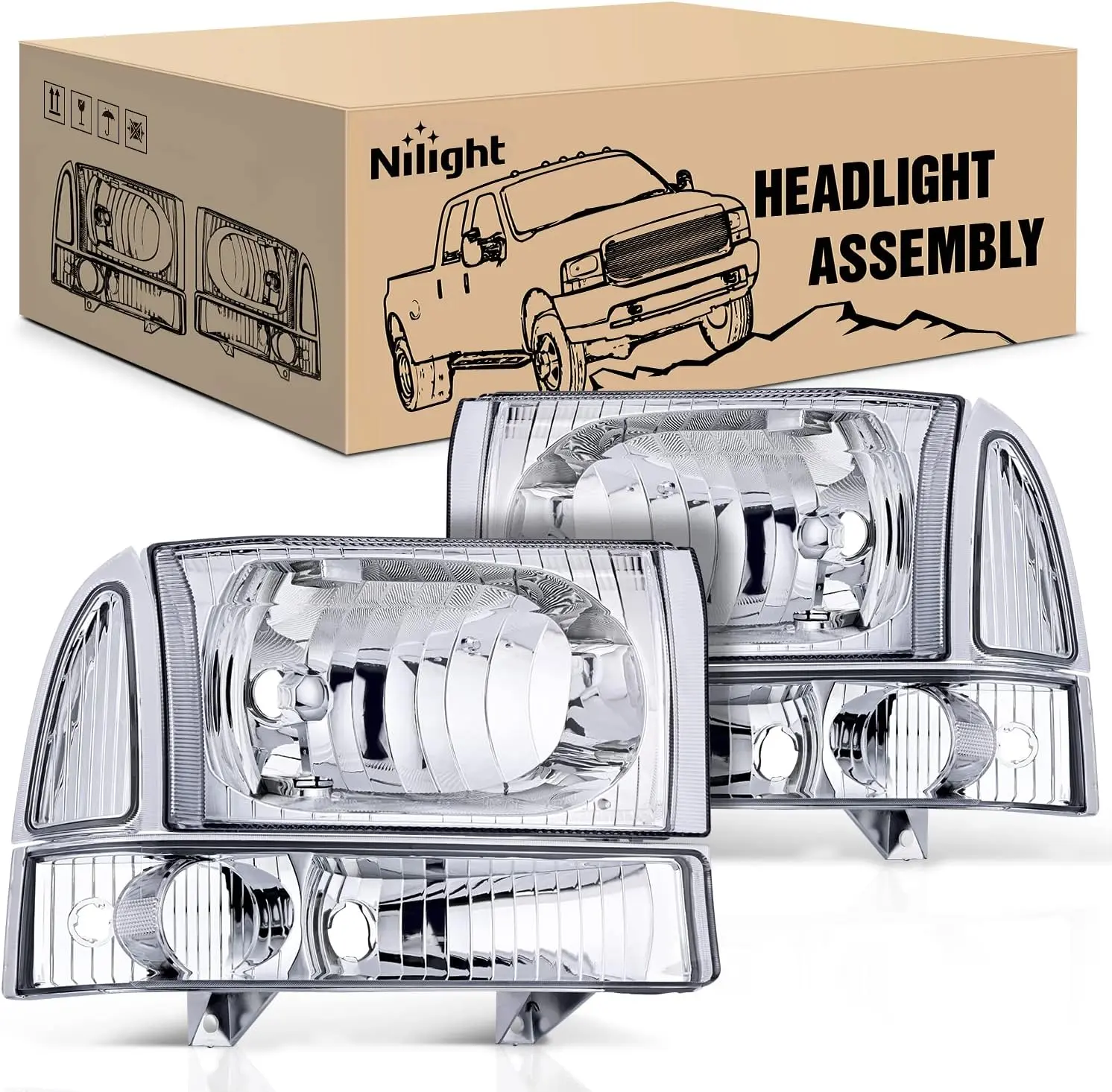 Nilight 4-Pack Bolt-On Headlight Assembly for 1999-2004 F250 F350 F450 F550 Super Duty, 2000-2004 Excursion, IP65 Waterproof ABS Chrome Housing, Sharp Corner Transparent Lens, Fogless Vent, Easy Install, Dust-Proof Replacement