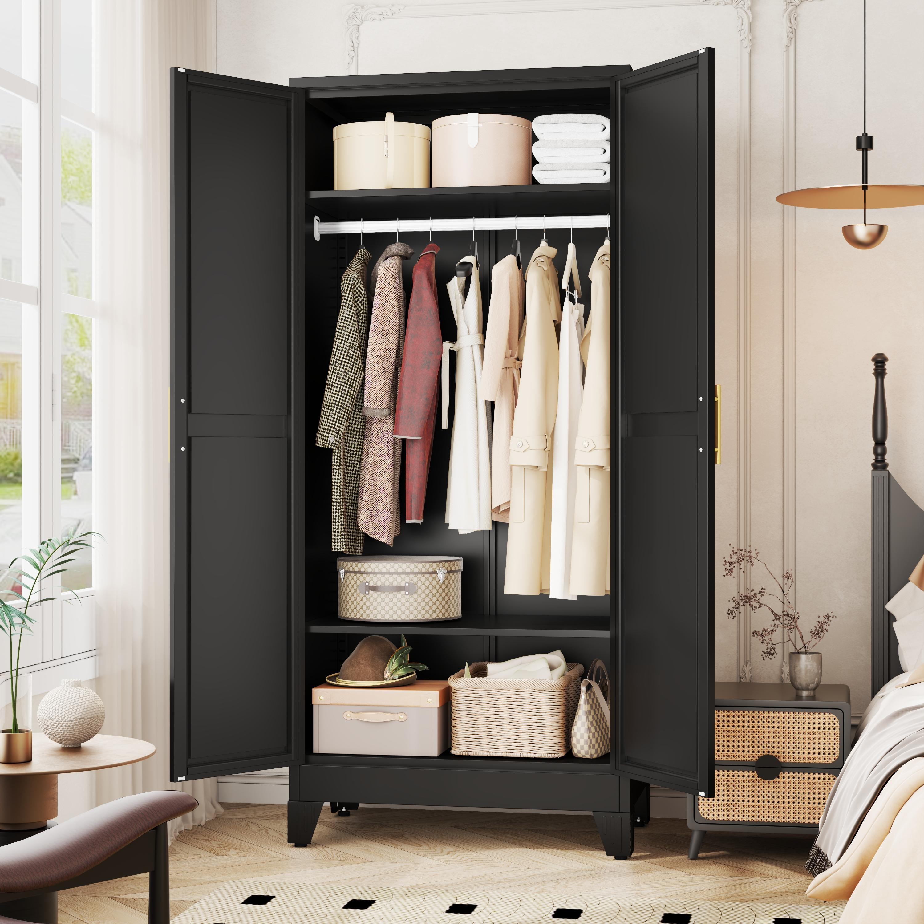 Metal Armoire Wardrobe Closet with 2 Doors, Freestanding Bedroom Clothing Storage Cabinet with Adjustable Shelves & Hanging Rod Metal Armoire Wardrobe Closet with 2 Doors, Freestanding Bedroom Clothing Storage Cabinet with Adjustable Shelves & Hanging Rod