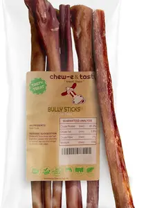 CHEW-E&TASTY 12 Inch Bully Sticks for Large Dogs (5pk) - Natural & Odor Free Bully Sticks - Low Fats Jumbo Bully Sticks for Large Dogs