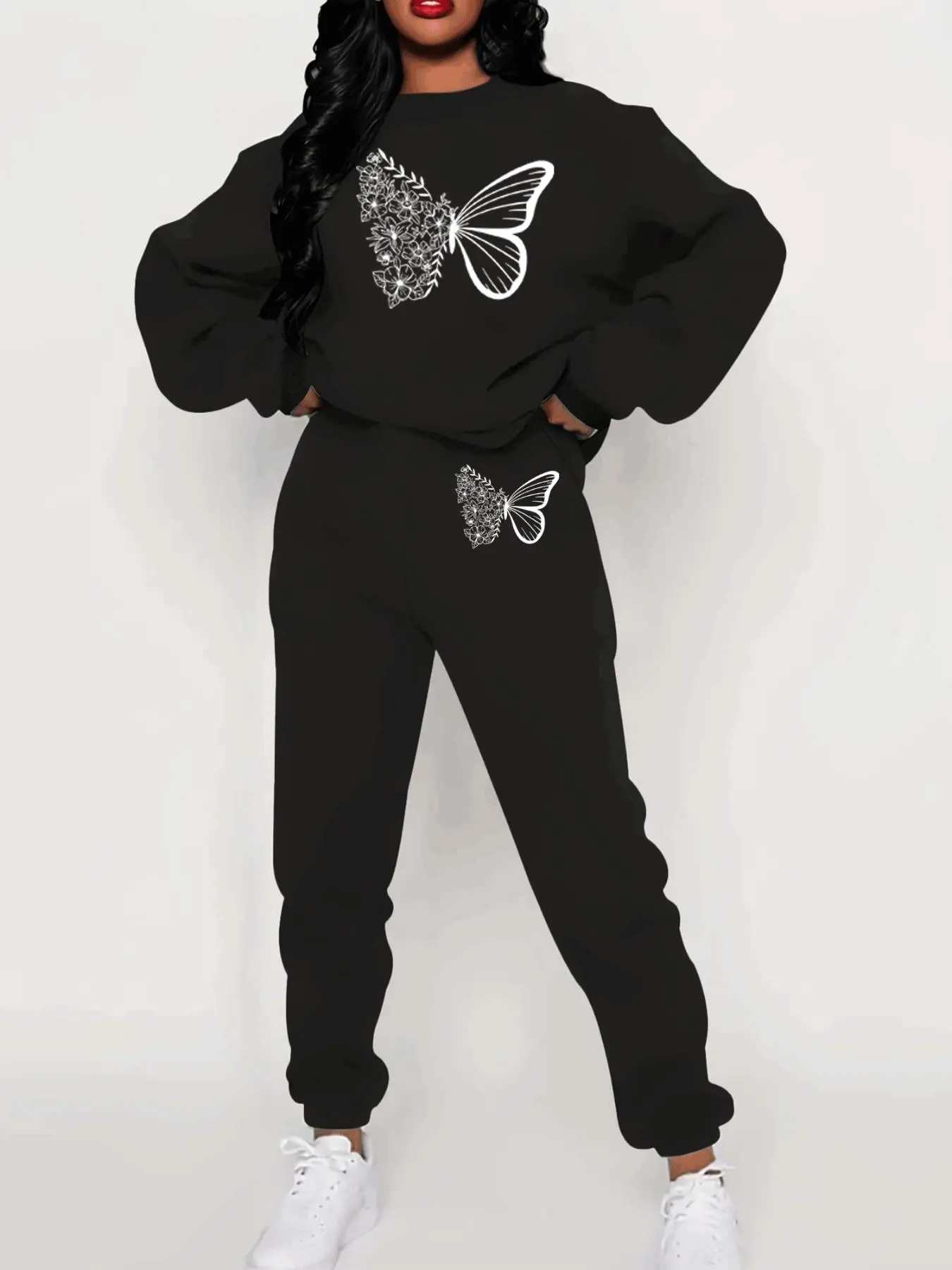 Women's Butterfly Print Sweatshirt & Sweatpants Set, Casual Fitted Long Sleeve Pullover & Jogger Pants, Women's Sportswear for Fall & Winter, Clothes, Womenswear