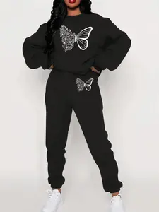 Women's Butterfly Print Sweatshirt & Sweatpants Set, Casual Long Sleeve Pullover & Jogger Pants, Women's Sportswear for Fall & Winter, Clothes