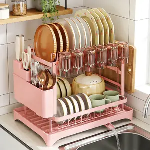 2-Tier Stainless Steel Large Capacity Dish Drying Rack, Dish Drainers Kitchen Counter Sink Adjustable Spout Utensil Holder Knife Slots Rustproof Board Durable Easy to Install Perfectsize Great Value Sturdy Classy Organiser,Festival Gift,Pink