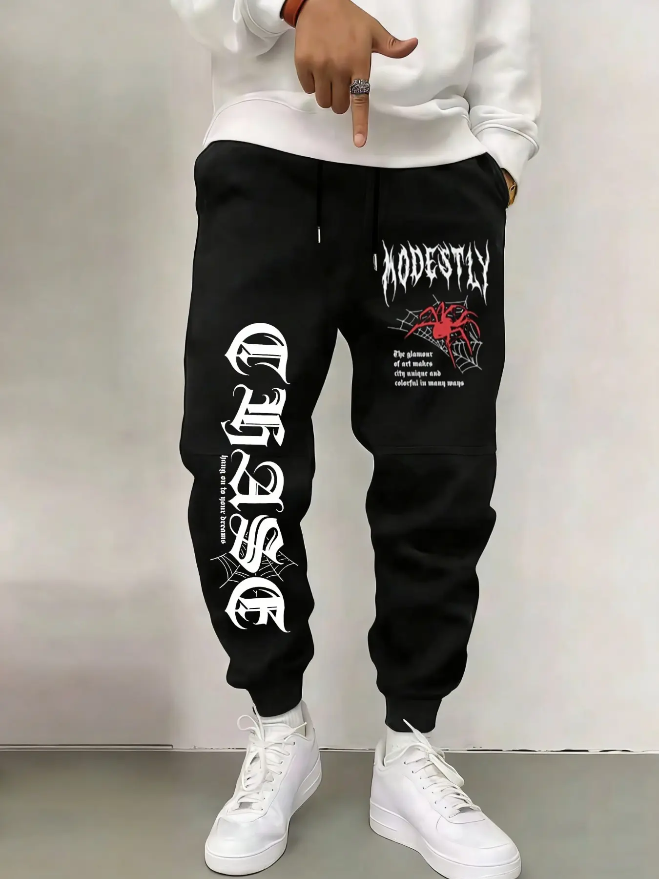 Unisex 'modesty' Gothic Spider Print Cuffed Sweatpants, Gothic Vertical Font + Spiderweb + Drawstring Waist + Soft Fabric, Y2K Grunge Style Casual Pants for Daily Wear and Gym