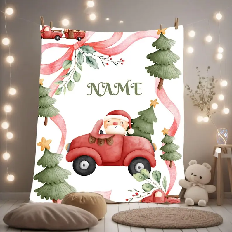 Personalized Christmas Plush Blanket with Santa and Truck Design, Holiday Gift, Cozy Throw, Winter Decor, Custom Name Blanket