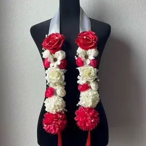 Red flower ribbon lei