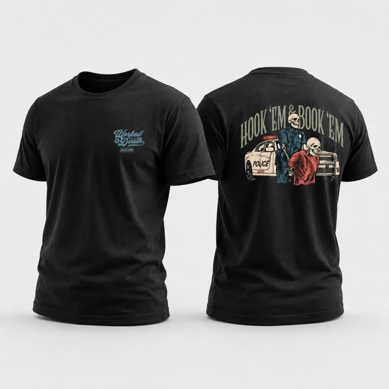 Hook ’Em & Book ’Em Police T-Shirt – Skeleton Cop Graphic Tee, Funny Law Enforcement Shirt, Police Officer Gift for Men, Shirt for Men