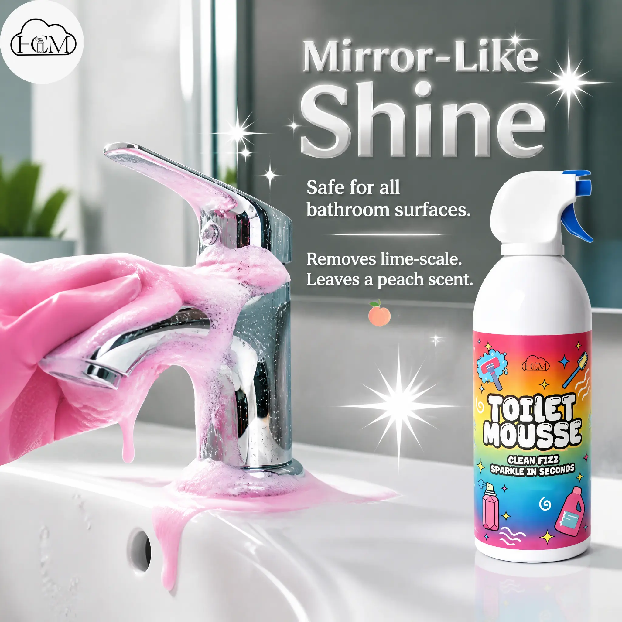 HCM Pink Peach Multi-Surface Foam Cleaner, Viral TikTok All-Purpose Household Cleaner with 360° Adjustable Splash-Resistant Gentle Spray Mousse, Long-Lasting Peach Fragrance, Safe for Kids, Pets, Bathroom Toilet, Sink, Tile Grout, Drains, Faucets