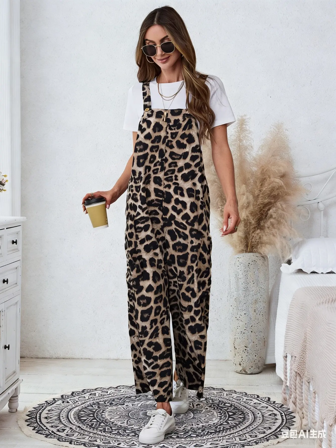 Women's Casual Loose Fit Romper, Workwear Style Leopard Print Romper, Comfortable, Elegant and Stylish Fashion One-Piece for Daily Wear Overalls Bottom