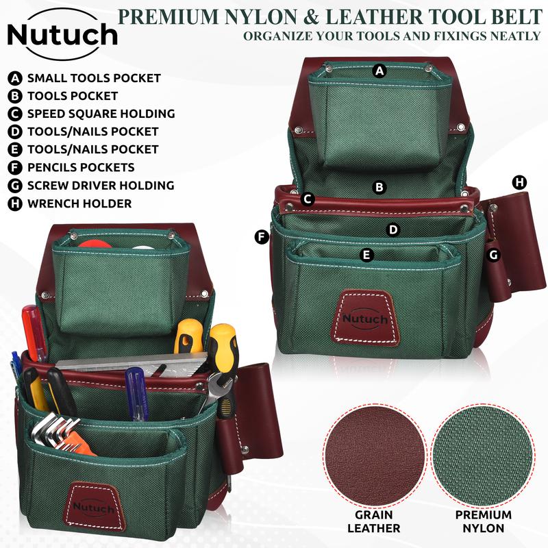 NUTUCH Green Heavy Duty Nylon and Leather Tool Belt for Carpenters, Framers, and Electricians