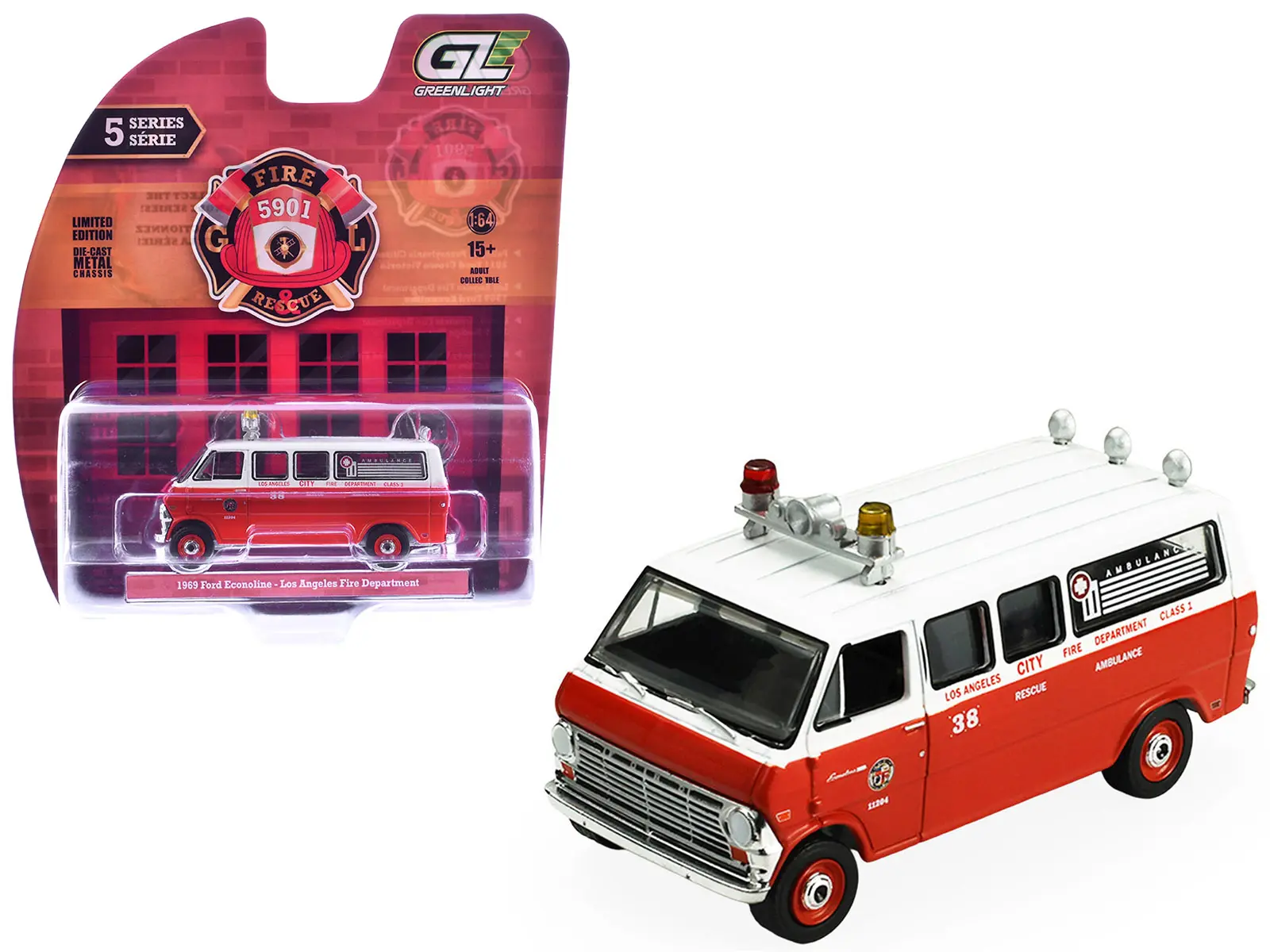1969 Ford Econoline Ambulance "LAPD" Red and White "Fire & Rescue" Series #5 1/64 Diecast Model Car by Greenlight