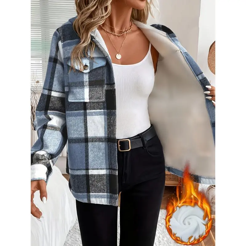 Women's Casual Plaid Hooded Jacket - 100% Polyester Woven, Fleece Lined, Button Detail, All-Season Warm Casual Wear Tops