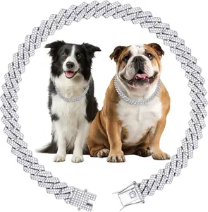 Luxury Cuban Link Dog Collar Silver Dog Chain Necklace with Diamond Rhinestones - 0.59 Inch Width Metal Pet Collar Jewelry for Small Medium Large Dogs & Cats