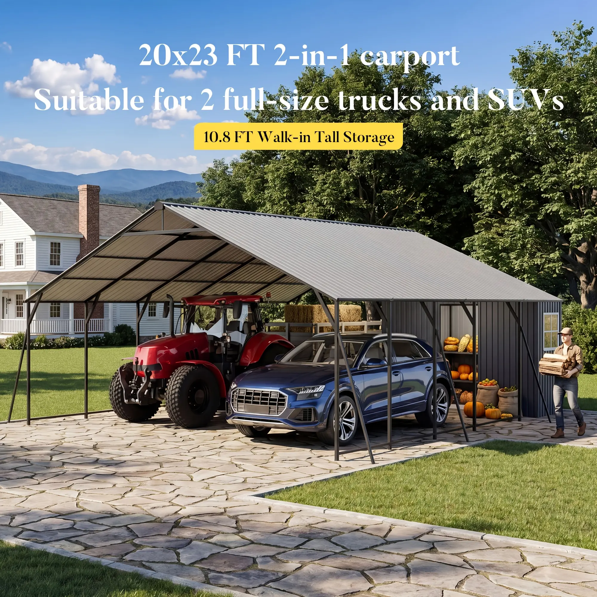 20x23 Ft Heavy Duty Metal Carport With Lockable Storage Shed, Industrial-Grade Galvanized Steel Garage Shelter, 2-in-1 Outdoor Car Canopy With Corrugated Metal Roof, Wind & Snow Resistant, Gray/White