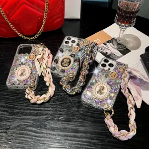 Compatible with iPhone / Z Flip Series | Sparkling Full Rhinestone Case, Decorative Silk Scarf Wrist Strap HNZ0008