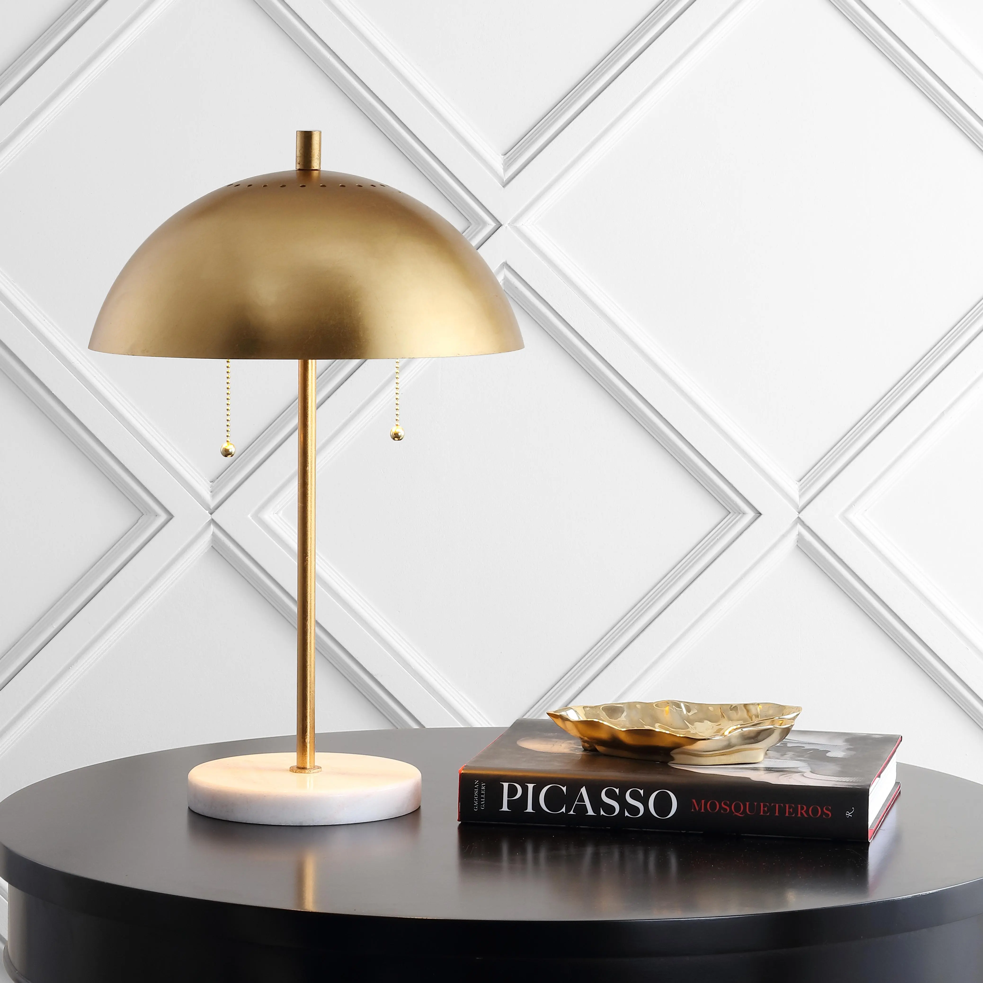 JONATHAN Y Ella 2-Light Decorative Table Lamp (20.7in) - Metal Marble Base, Contemporary Domed Shade, Pull Chain Switch, Eco-Friendly Silk Cord, 60W Type A LED Bulbs Included, Home Decor Lighting, Desktop Style Lamps, Bases & Shades Compatible