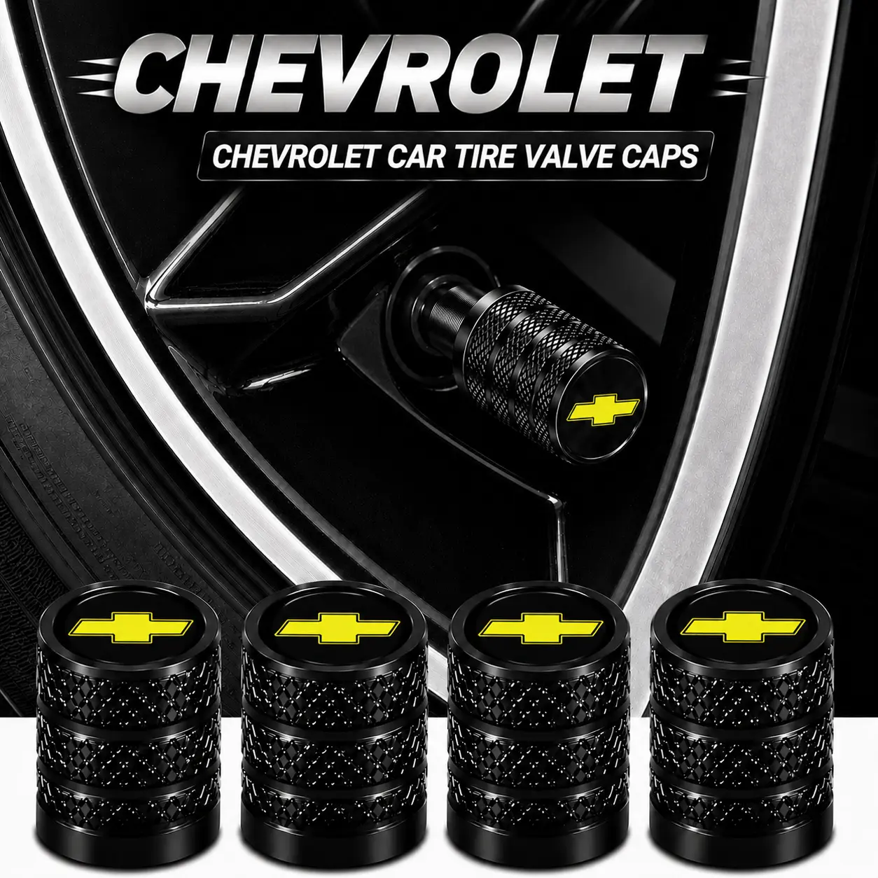 5Pcs Aluminum Alloy Tire Valve Stem Caps for Chevrolet Silverado 1500 Equinox Malibu Traverse Colorado Tahoe Suburban Camaro Cruze, Leakproof Rubber Seal Wheel Air Valve Covers, Anti-Rust Auto Wheel Valve Protector Covers