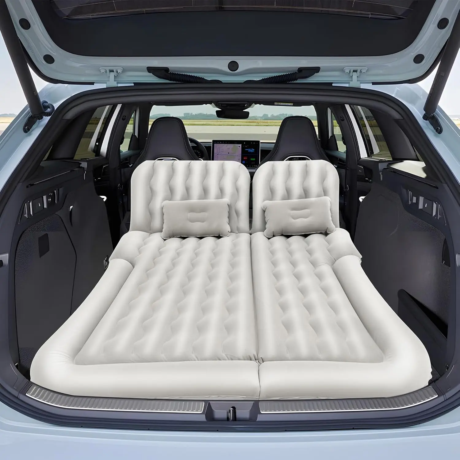 Portable 2-Person SUV Air Mattress Set with Pump & Accessories, Gray Quilted Inflatable Car Bed with Built-In Backrest, 2 Pillows & 12V Car Pump for Camping, Road Trips & Travel