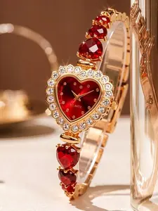 Romantic Heart Diamond Bracelet Watch, Rhinestone Frame, Vintage Heart Dial, Waterproof Quartz Watch Gift
