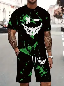 Men's 3D Print Short Sleeve Round Neck T-Shirt + Track Shorts Set, Casual Sporty Style, Breathable Outdoor Wear, Summer 3D Print Set, Father's Day Gift, Outfit, Menswear