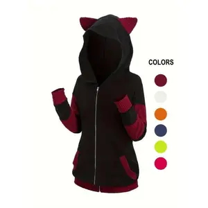 Women's Colorblock 3d Ear Design Textured Zip Up Hooded Coat, Cute Long Sleeve Pocket Outerwear for Fall & Winter, Women's Clothes for Daily Wear