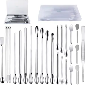 25 Pcs Stainless Steel Lab Spatula Micro Scoop Set Laboratory Tiny Mixing Spatula with Tweezers Long Sampling Spoon for Powders Gel Cap Capsule Filler (25Pcs)