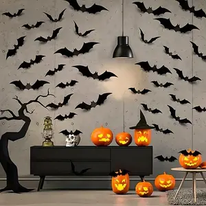 48-Pack 3D Black PVC Bats Wall Decals - Halloween Party Supplies Stick-on Scary Bat Stickers for Home and Bar Room Decor - Reusable Non-Electric Event Props and Accessories - Decorative Ornaments