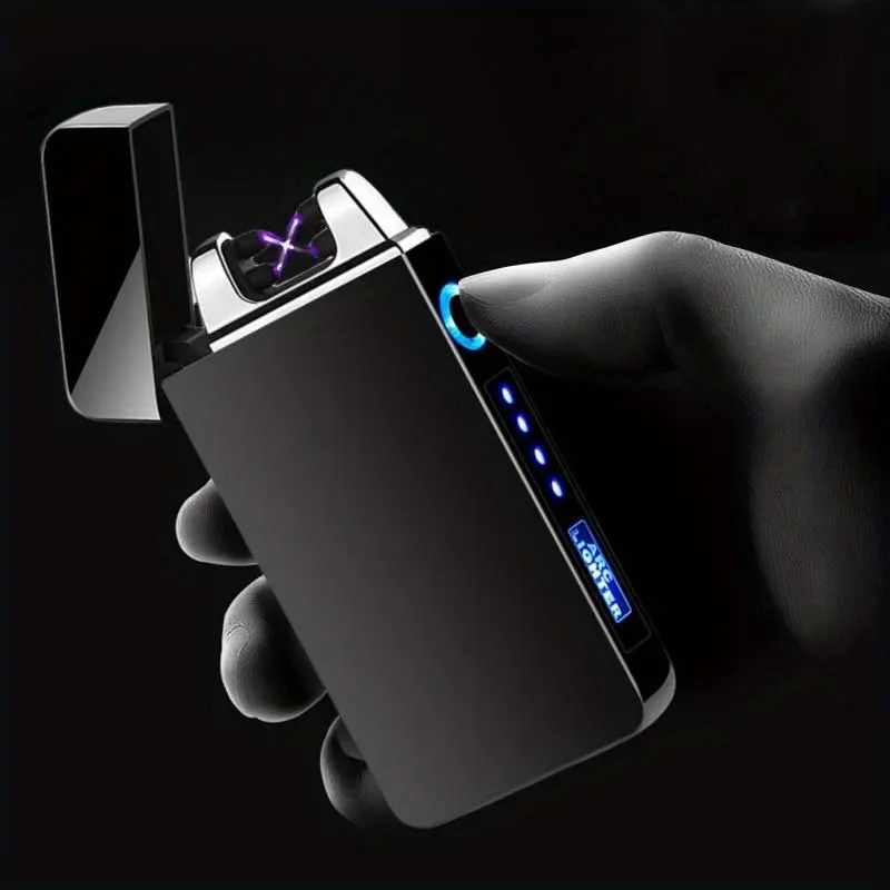 USB Rechargeable Windproof Double-Arc Lighter - Pulse Flame Plasma Flameless Ignition, LED Power Display, Ergonomic Handle, Home Accessories for Camping & More, Indoor/Outdoor Campfire/BBQ Party Use