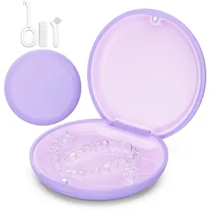 Retainer Case, Slim Aligner Case Compatible with Invisalign, Cute Retainer Case with Silicone Pad, Mouth Guard Case with Retainer Removal Tool, Chewy and Brush - Purple