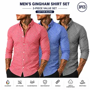 Men’s plaid long-sleeve button shirts, available in 2-pack or 3-pack. Comfortable, soft, breathable casual dress shirts for men—cotton blend, retains shape, resists fading, no pilling, durable wear—suitable for parties, nightclubs, and date nights.