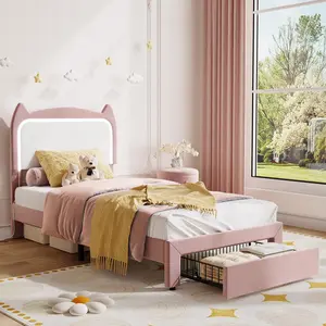 Twin Size Bed Frame for Kids with LED Lights, Pink Velvet Upholstered Platform Bed Frame with Cat-Shaped Headboard & Storage Drawer, Wooden Slat Support, Noise-Free, Easy Assembly
