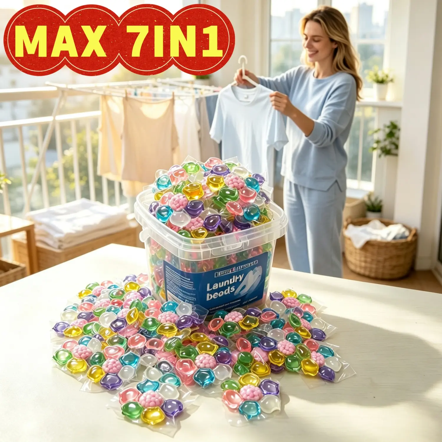 7-in-1 Premium Scented Laundry Detergent Pods, 10ML Concentrated, 0.8LB Bucket Pack, Anti-Static, Softening, Instant Water-Dissolving, Long-Lasting Fragrance, All-Purpose Household Cleaning Active Ingredient