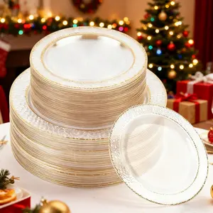 30-Piece Gold-Color Plastic Decorative Plates, Hammered Edge Design, Elegant Heavyweight Wedding Party Plates, Perfect for Large Events, Tableware Set
