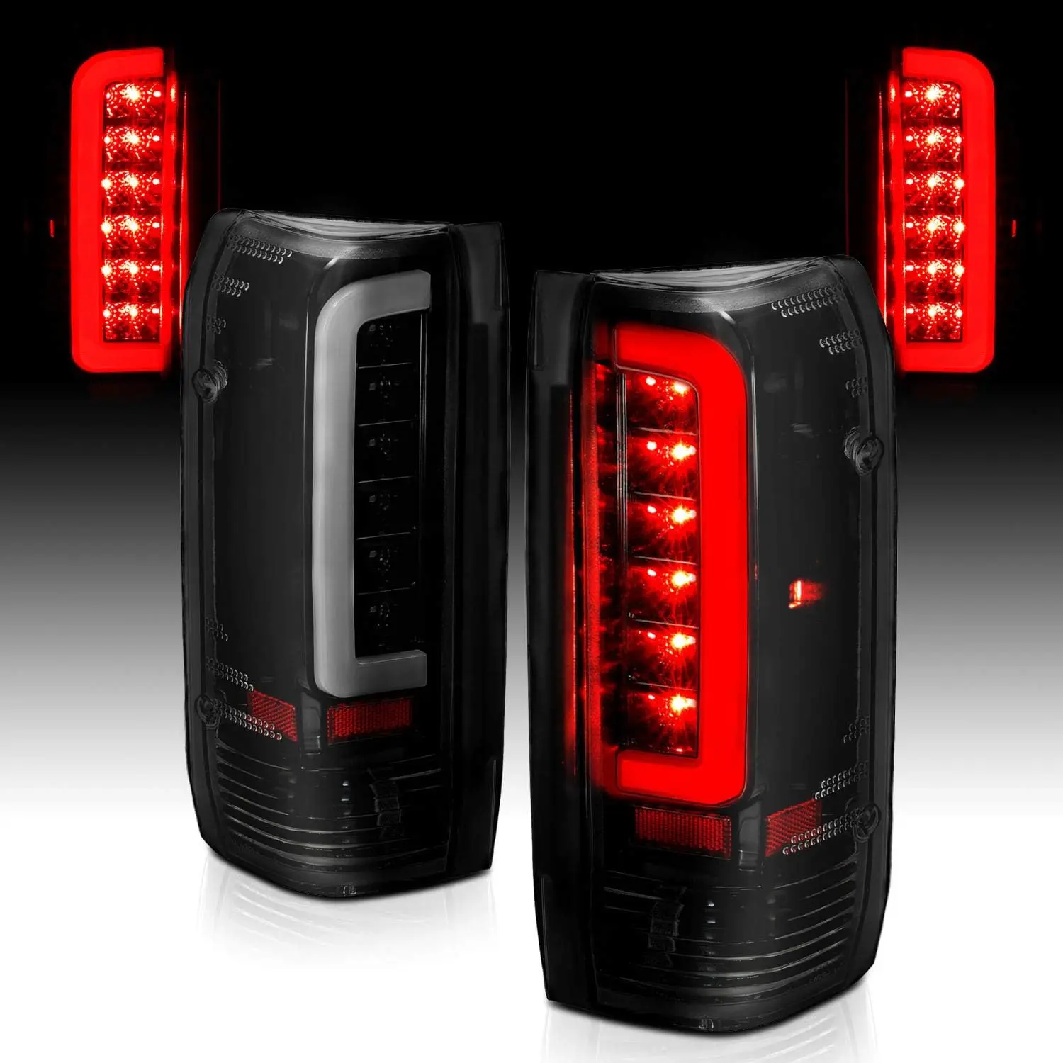 AmeriLite Truck 3D C-Type Halogen, Led, Tube Dark Smoke Replacement Tail Light Set For 1989-1996 Ford F150 OBS Bronco F250 F350 - Passenger and Driver Side, Vehicle Light Assembly, Black