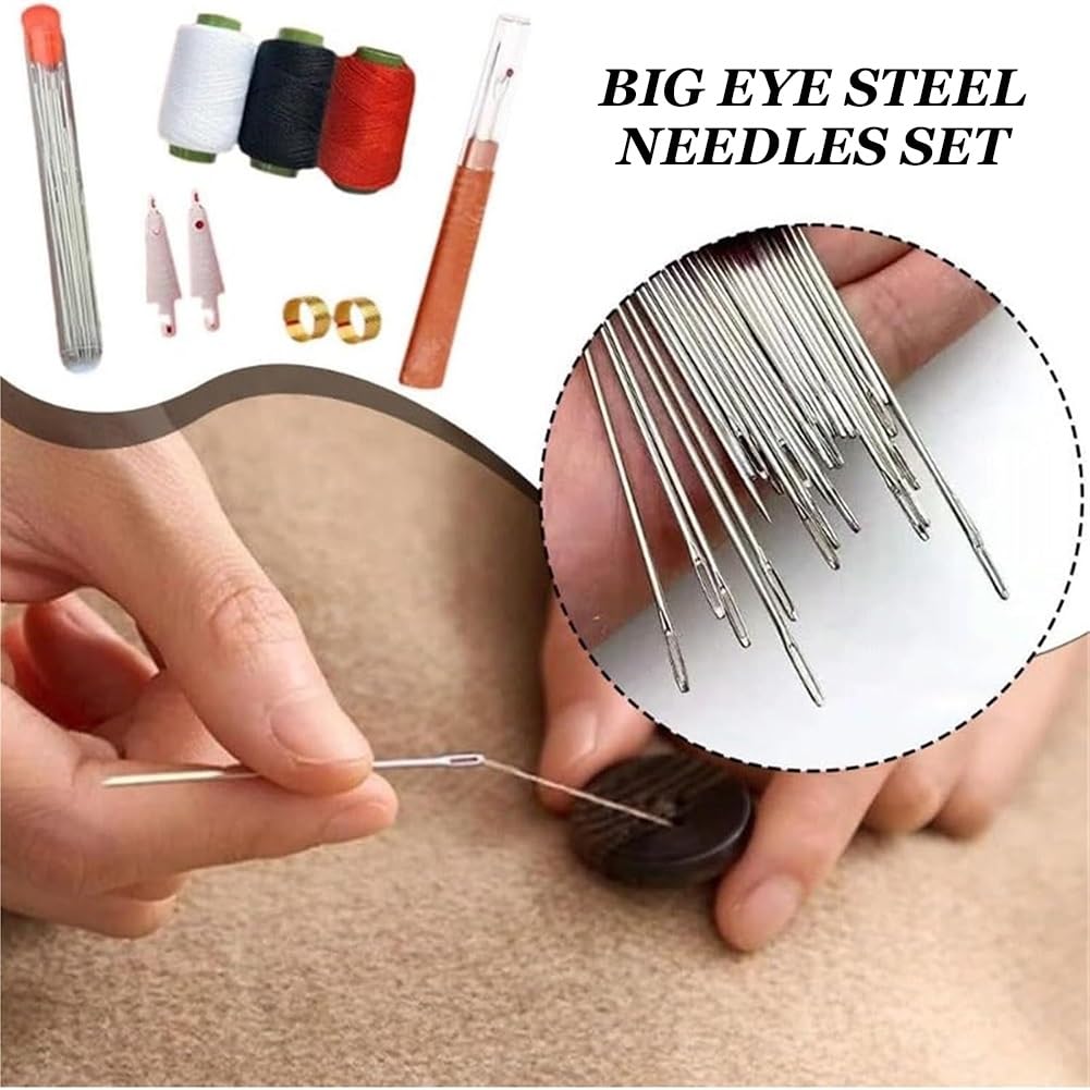 Multi functional big eye steel needle and thread set, containing 64 steel needles and rich wires, compact and portable, easy to handle clothing repair and fabric production, suitable for beginners and professional DIY enthusiasts