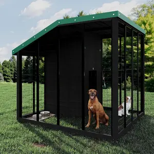 Large Outdoor Dog Kennel with Galvanized Steel Roof, Heavy Duty Cedar Wood Dog House with Feeding Door & Storage, Weatherproof Pet Shelter with Viewing Window & Lockable Door, Secure Walk-in Run for Backyard & Garden, Durable & Insulated