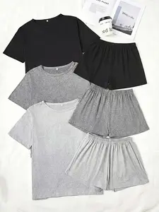Women's Three-Piece Short Sleeve Shorts Plain Sleepwear Set, Casual Loose Fit Pajama, Comfortable All-Season Wear Loungewear Pjs
