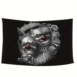 1pc of Humorous Jester Tapestry Art - a Large Black Wall Hanging Featuring a Silver Mask Design, Ideal for Decorating Bedrooms, Living Rooms, Or Dorms. Made from Polyester, Suitable for Indoor Use Only