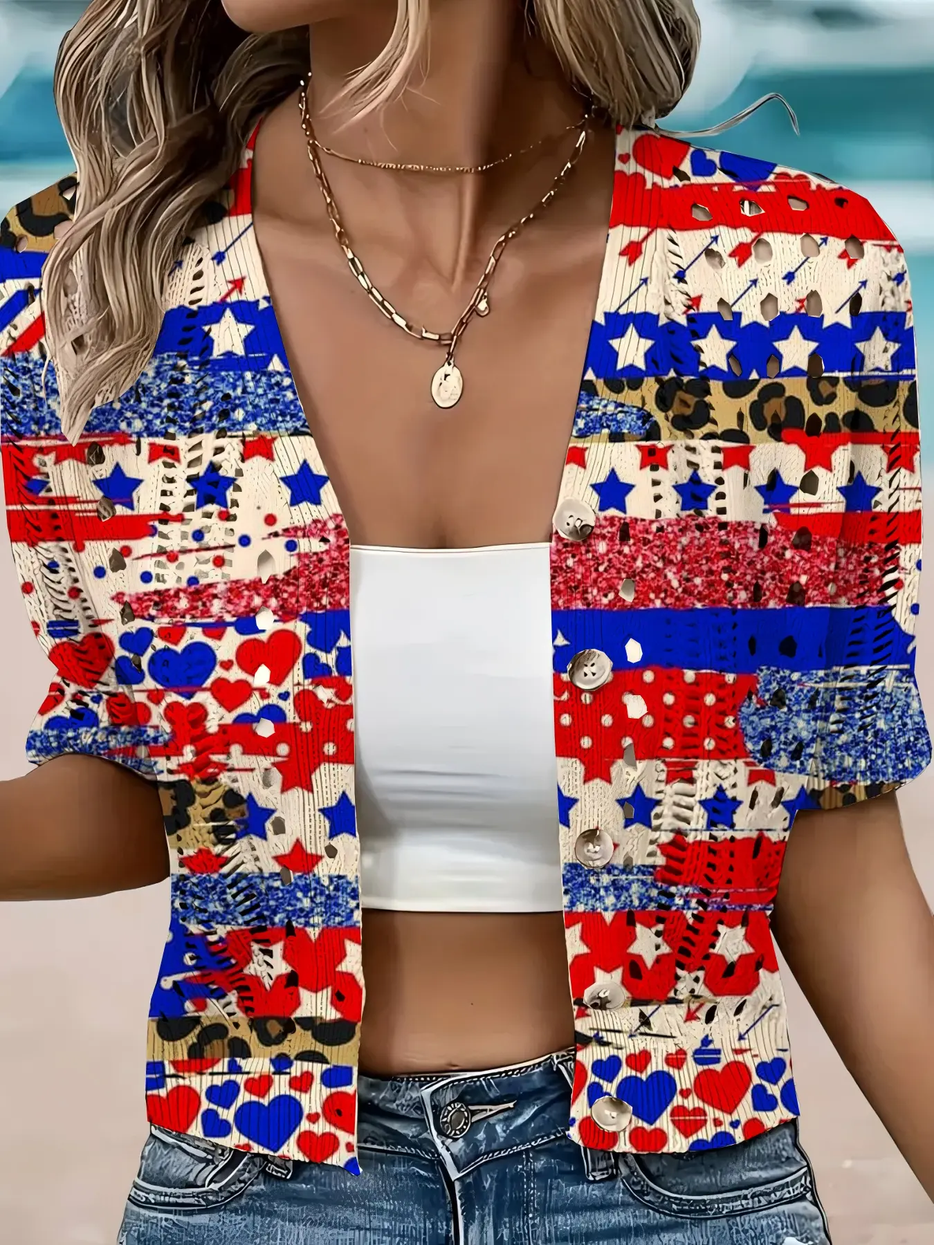 Women's Independence Day Leopard Heart Star Print Short Sleeve Knit Cardigan, Casual Elegant Sweater, Breathable Hollow Out Design, Casual Fashion Knitwear, Knitwear
