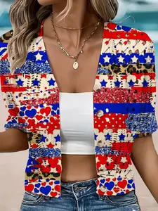Women's Independence Day Leopard Heart Star Print Short Sleeve Knit Cardigan, Casual Elegant Sweater, Breathable Hollow Out Design, Casual Fashion Knitwear, Knitwear