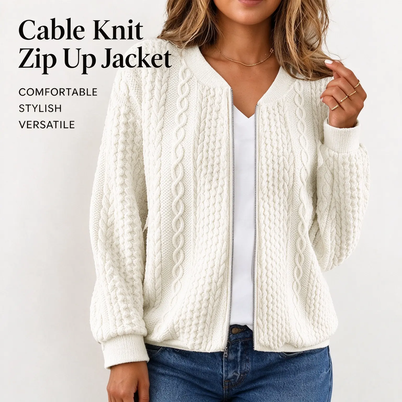 Women's Zip Up Cardigan Sweater Cable Hoodies Long Sleeve Jacket Outfits Crewneck Casual Coat