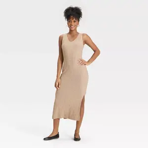 Universal Thread Women's Ribbed Maxi Sweater Dress - Solid Color, Sleeveless, V-Neckline, Side Slit, Midweight Fabric Blend