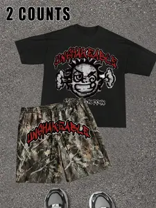 Men's Letter Print Tee & Camo Print Shorts Loungewear Two-Piece Set, Regular Fit Casual Comfy Round Neck Short Sleeve T-Shirt & Shorts PJ Set, Men's Sleepwear for Summer, Halloween, Shorts Pajama, Casual Pajamas Outfit Matching Sets